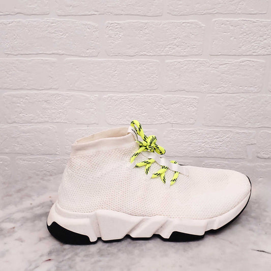 BALENCIAGA WHITE AND NEON YELLOW LACE UP 'SPEED' SNEAKERS - SIZE 40