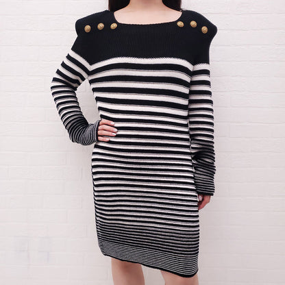 BALMAIN BLACK AND WHITE STRIPED SAILOR STYLE KNIT DRESS - SIZE 42
