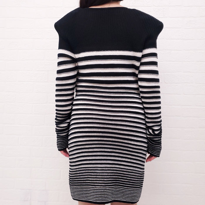 BALMAIN BLACK AND WHITE STRIPED SAILOR STYLE KNIT DRESS - SIZE 42