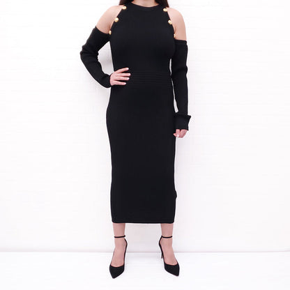 BALMAIN BLACK DRESS WITH GOLD BUTTONS - SIZE 50