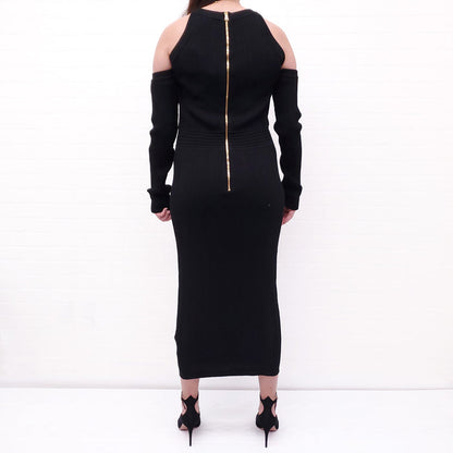 BALMAIN BLACK DRESS WITH GOLD BUTTONS - SIZE 50