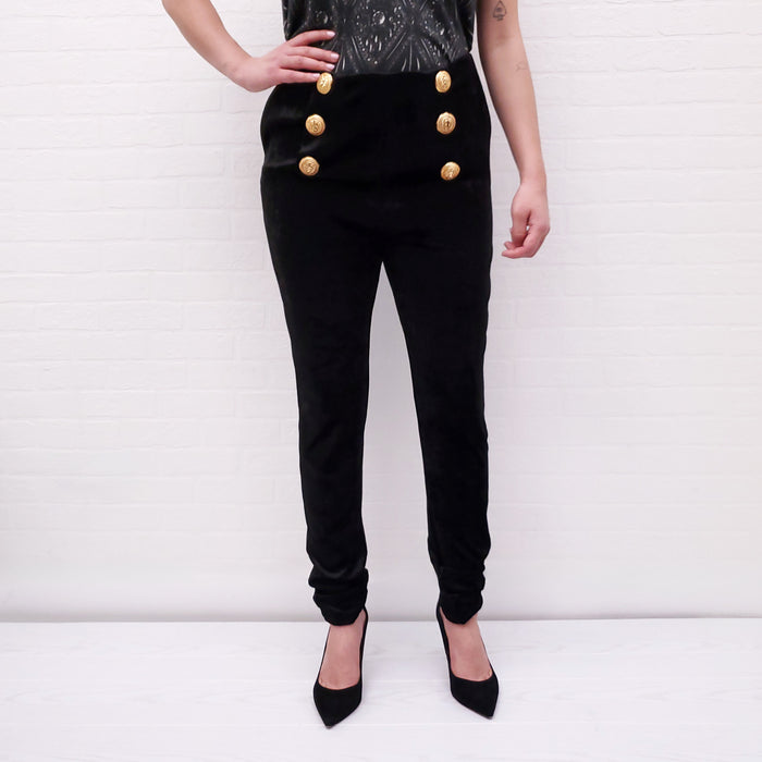 BALMAIN BLACK VELVET TROUSERS WITH LOGO BUTTONS - SIZE 44