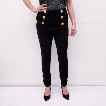 BALMAIN BLACK VELVET TROUSERS WITH LOGO BUTTONS - SIZE 44
