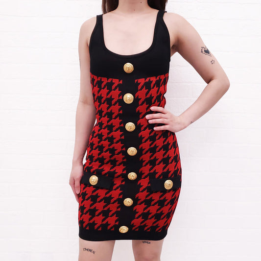 BALMAIN RED AND BLACK HOUNDSTOOTH JACQUARD KNIT MINI DRESS - SIZE 34