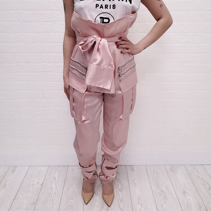 BALMAIN RUNWAY PINK SILK CARGO TROUSERS - SIZE 34