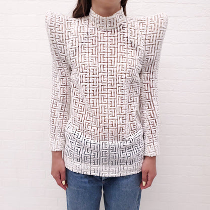 BALMAIN WHITE LOGO EYELET TOP WITH EXAGGERATED SHOULDERS - SIZE 34