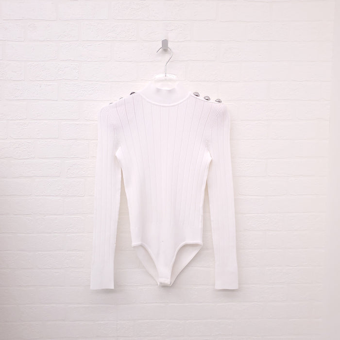 BALMAIN WHITE MOCK TURTLENECK KNIT BODYSUIT WITH SILVER BUTTONS - SIZE 36