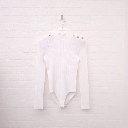 BALMAIN WHITE MOCK TURTLENECK KNIT BODYSUIT WITH SILVER BUTTONS - SIZE 36