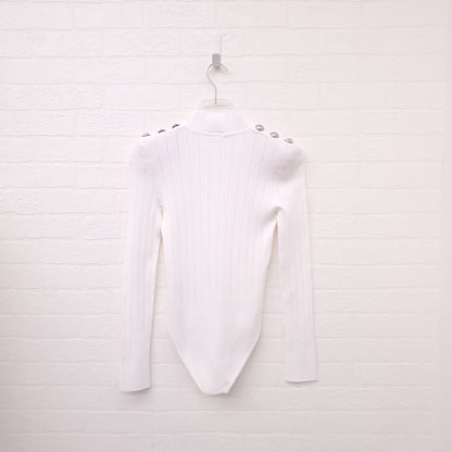 BALMAIN WHITE MOCK TURTLENECK KNIT BODYSUIT WITH SILVER BUTTONS - SIZE 36