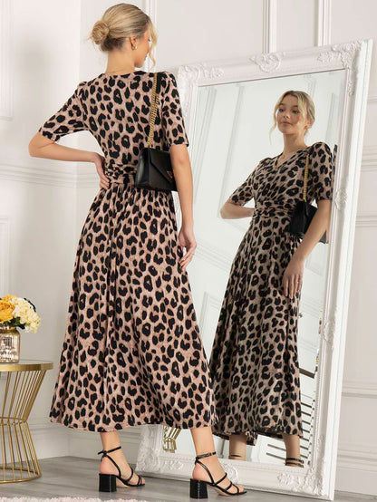 Beatrice Jersey Wrap Maxi Dress (Leopard Multi)