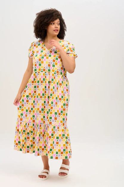Belinda V-Neck Maxi Smock Dress (Multi, Floral Checkerboard)
