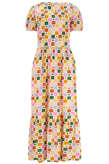 Belinda V-Neck Maxi Smock Dress (Multi, Floral Checkerboard)