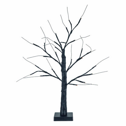 Decorative black Halloween mini twig tree with orange lights on a white background