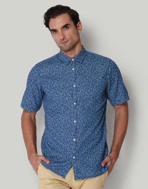 Blue Printed Short Sleeves Shirt