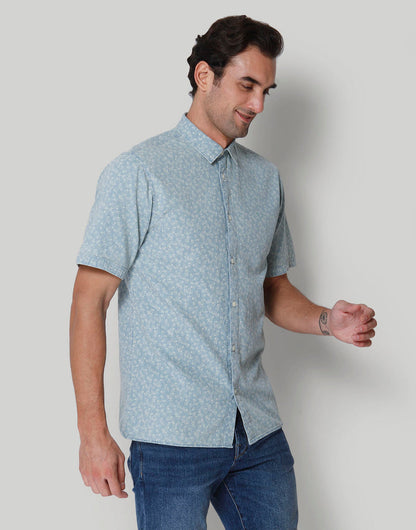 Blue Printed Short Sleeves Shirt