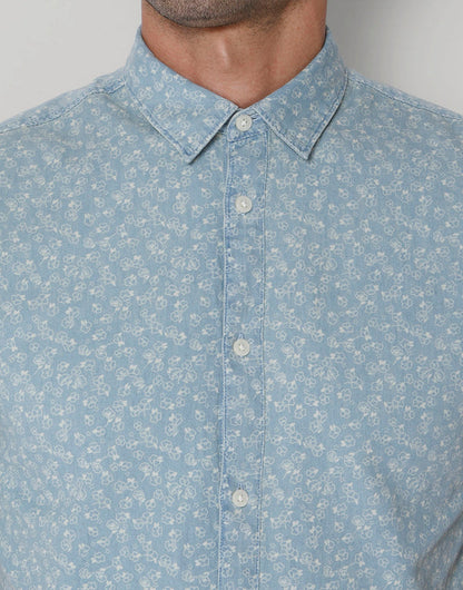 Blue Printed Short Sleeves Shirt