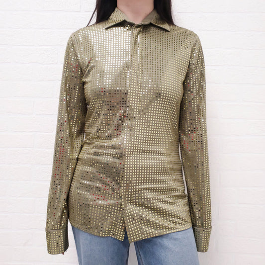 BOTTEGA VENETA GREEN SATIN SEQUIN BLOUSE - SIZE 38
