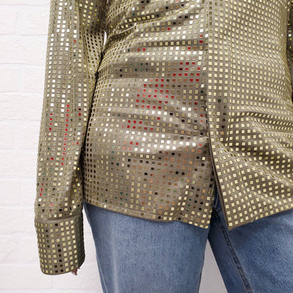 BOTTEGA VENETA GREEN SATIN SEQUIN BLOUSE - SIZE 38