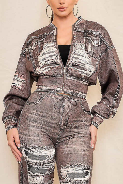 Style the Brown Denim Effect Zip-Up Jacket exclusively at Born To Glam