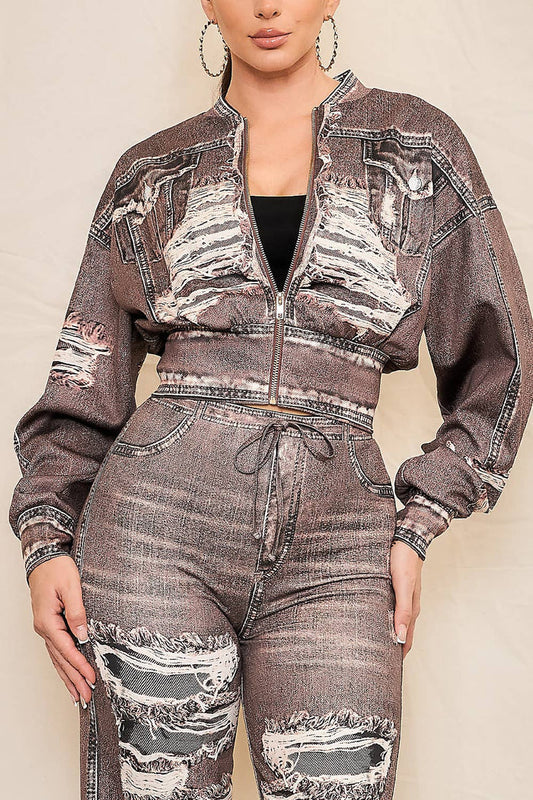 Style the Brown Denim Effect Zip-Up Jacket exclusively at Born To Glam