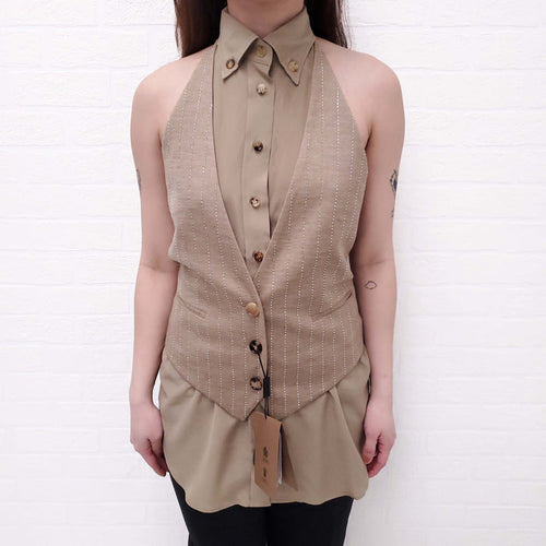 BURBERRY COTTON AND SILK SLEEVELESS BLOUSE WITH CRYSTAL VEST - SIZE 2