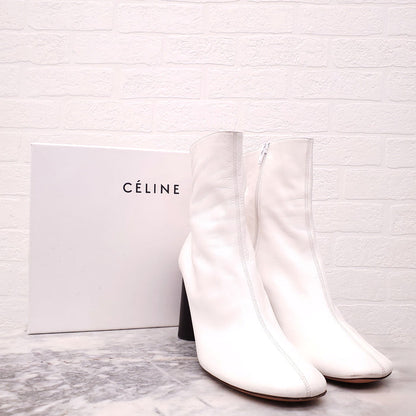 CELINE CREAM LEATHER BOOTS WITH ROUND BLOCK HEEL - SIZE 40.5