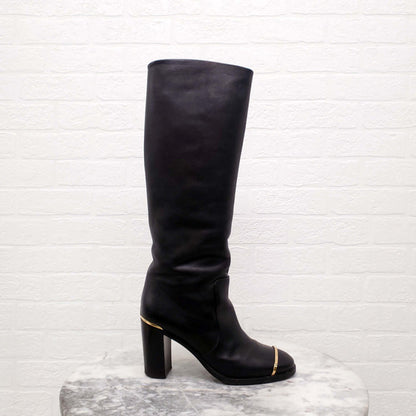 CHANEL BLACK LEATHER CALF BOOTS WITH CAP TOE - SIZE 41