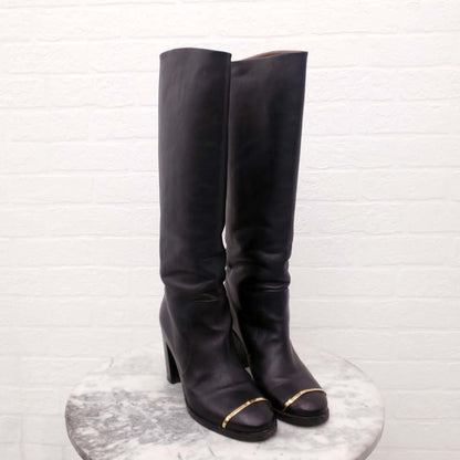 CHANEL BLACK LEATHER CALF BOOTS WITH CAP TOE - SIZE 41