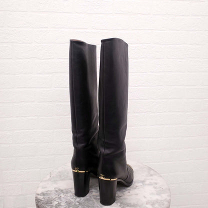 CHANEL BLACK LEATHER CALF BOOTS WITH CAP TOE - SIZE 41