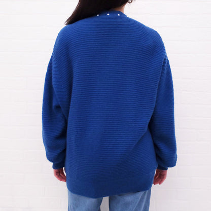 CHANEL BLUE CARDIGAN WITH PEARL DETAIL - SIZE 38