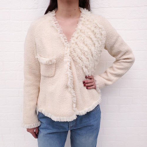 CHANEL CREAM TWEED RUFFLE JACKET - SIZE 38
