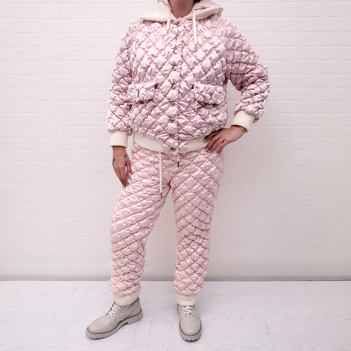 CHANEL RUNWAY PINK QUILTED BOMBER JACKET WITH MATCHING QUILTED PANT - SIZE 36
