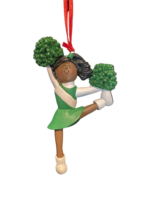 Cheerleader with Green Uniform, Dark Skin- Personalized Ornament