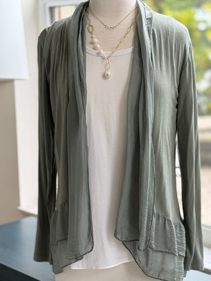 Long silk olive cardigan front view