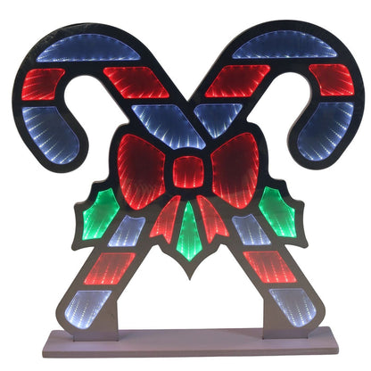 Decorative candy cane with red, blue, and green lights on a white background