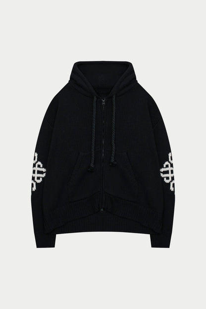 CHUNKY KNIT EMBLEM ZIP THROUGH HOODIE - BLACK