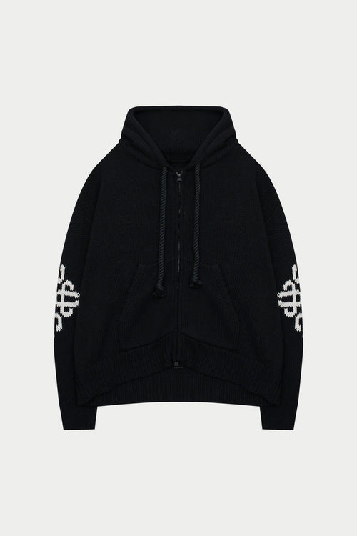 CHUNKY KNIT EMBLEM ZIP THROUGH HOODIE - BLACK