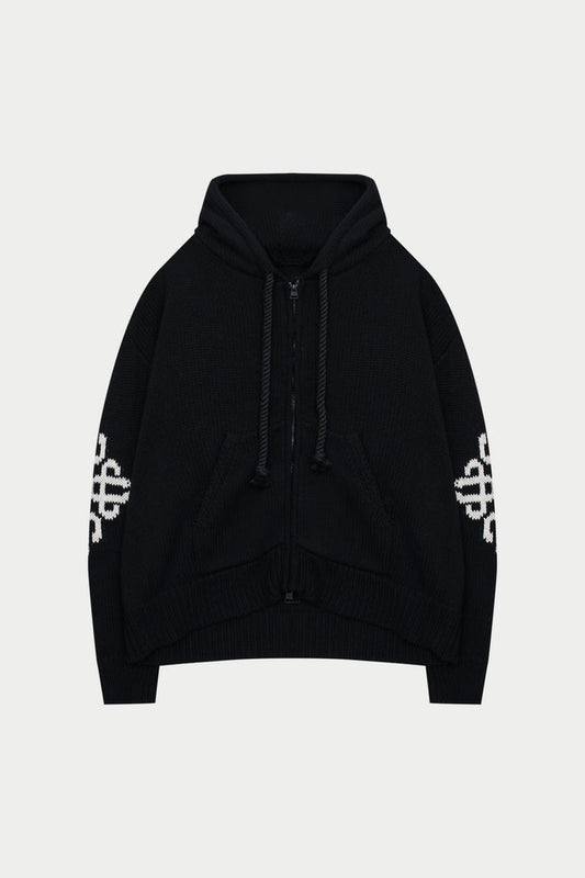 CHUNKY KNIT EMBLEM ZIP THROUGH HOODIE - BLACK