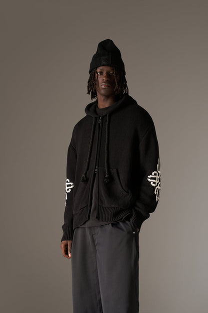 CHUNKY KNIT EMBLEM ZIP THROUGH HOODIE - BLACK