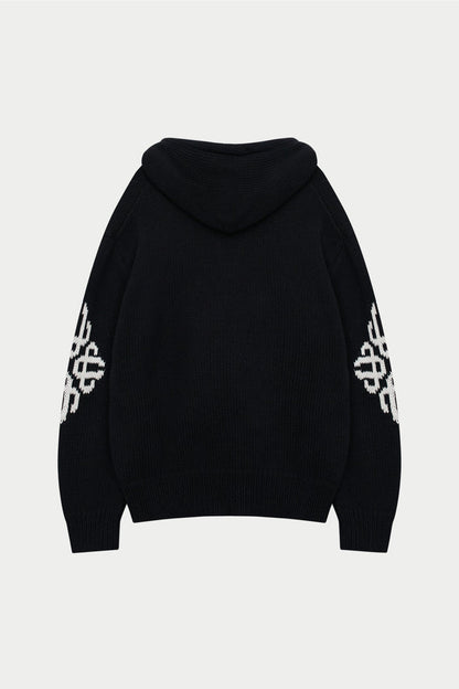CHUNKY KNIT EMBLEM ZIP THROUGH HOODIE - BLACK
