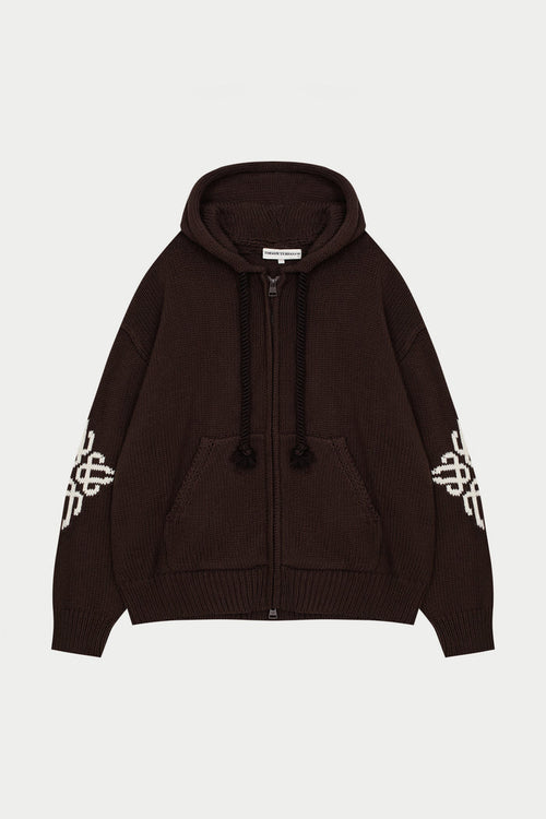 CHUNKY KNIT EMBLEM ZIP THROUGH HOODIE - CHOCOLATE