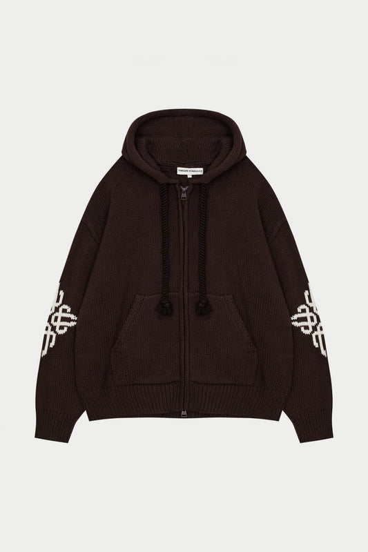 CHUNKY KNIT EMBLEM ZIP THROUGH HOODIE - CHOCOLATE