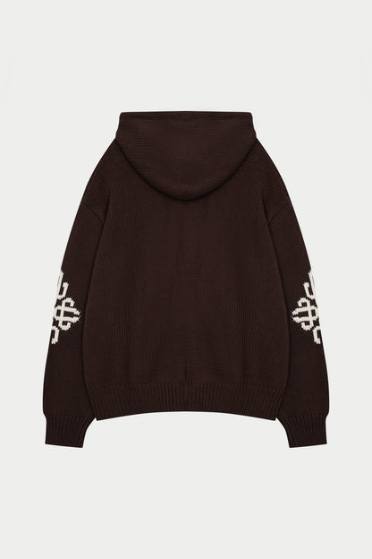 CHUNKY KNIT EMBLEM ZIP THROUGH HOODIE - CHOCOLATE
