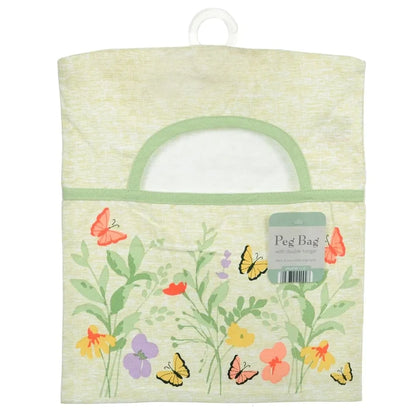 Peg bag with floral and butterfly design on beige cotton with green trim