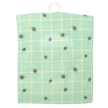 Back of a peg bag with bumblebees and green checked pattern