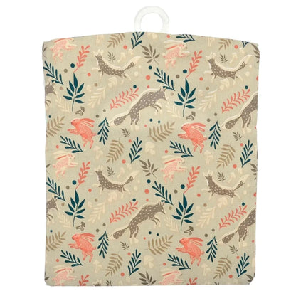 Woodland creatures peg bag with hares foxes mushrooms and leaves pattern on beige cotton