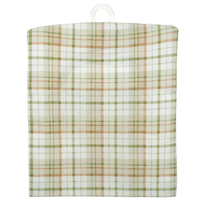Back of a clothes peg bag with green, orange and white tartan plaid pattern