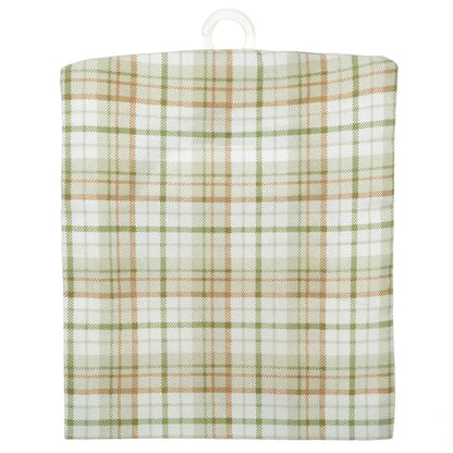 Back of a clothes peg bag with green, orange and white tartan plaid pattern