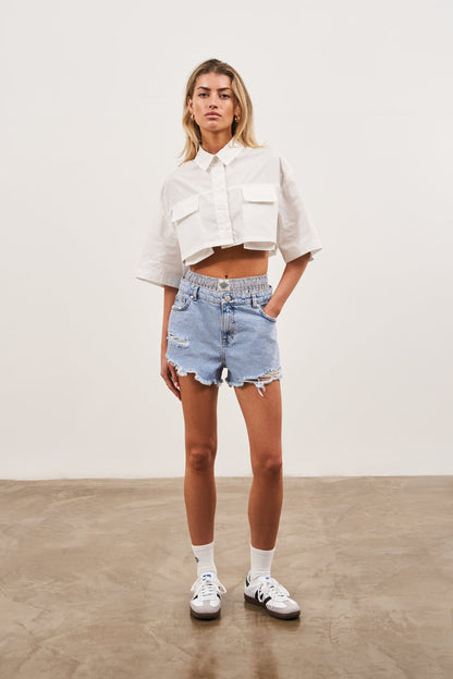 CROPPED POPLIN POCKET DETAIL SHIRT - WHITE