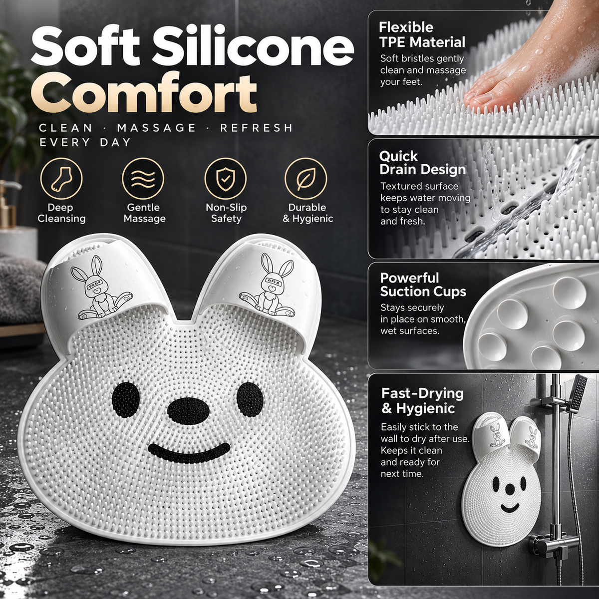 Bunny Shape Shower Foot Scrubber Mat | Non-Slip Suction Cup Foot Massager Mat for Shower Deep Foot Clean